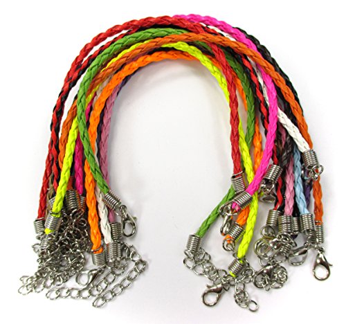 All In One Mixed Color Braided Leather Cord Plaited Rope Bracelet With Lobster Clasp Extended Chain 7" (Mix 10Pcs Bracelet) #TOP22