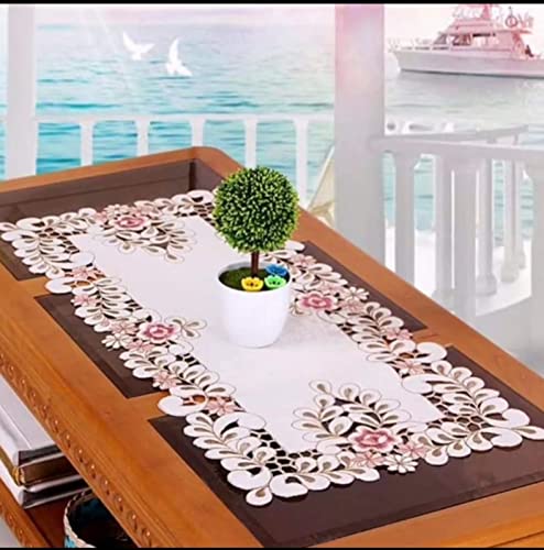 Image of MONKDECOR Floral Cutwork Design Centre / Coffee Table Runner (Size-16x33 Inches) - Satin EMB-03