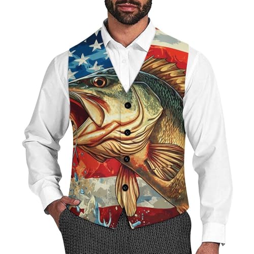 USA United States Bass Fish Men's Suit Vests Dress Vest V-Neck Waistcoat Slim Business Formal with Pocket