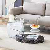 AOPNOMU 47'' Glass Coffee Table, 3-Tier Oval Center Table with Tempered Glass Tabletop and Sturdy Wood Base, Contemporary Artistic Coffee Tables for Living Room Apartment, White + Black
