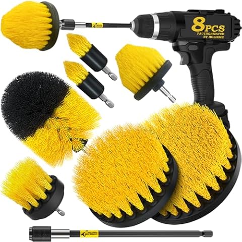 Holikme 8 Piece Drill Brush Attachments Set, Power Scrubber with Extend Long Attachment，Cleaning Supplies for Bathtub, Shower, Grout, Tile(Yellow) Cover