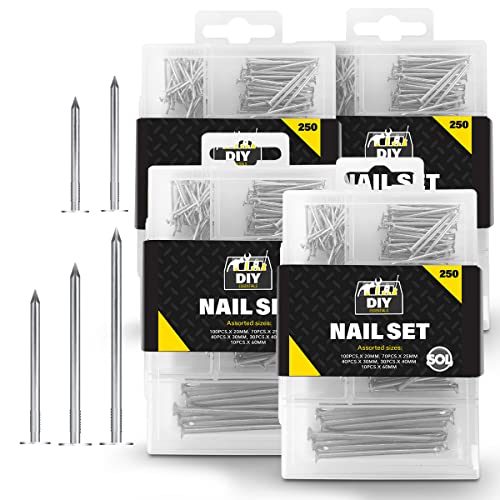 SOL 1000pk Nails for Wood Set Assorted 20mm-60mm Flat Head Small to Long Sizes Ideal for Fence, Wall, Wood Nails Outdoor Use, Masonry DIY Construction, Picture Hanging and Home Improvement