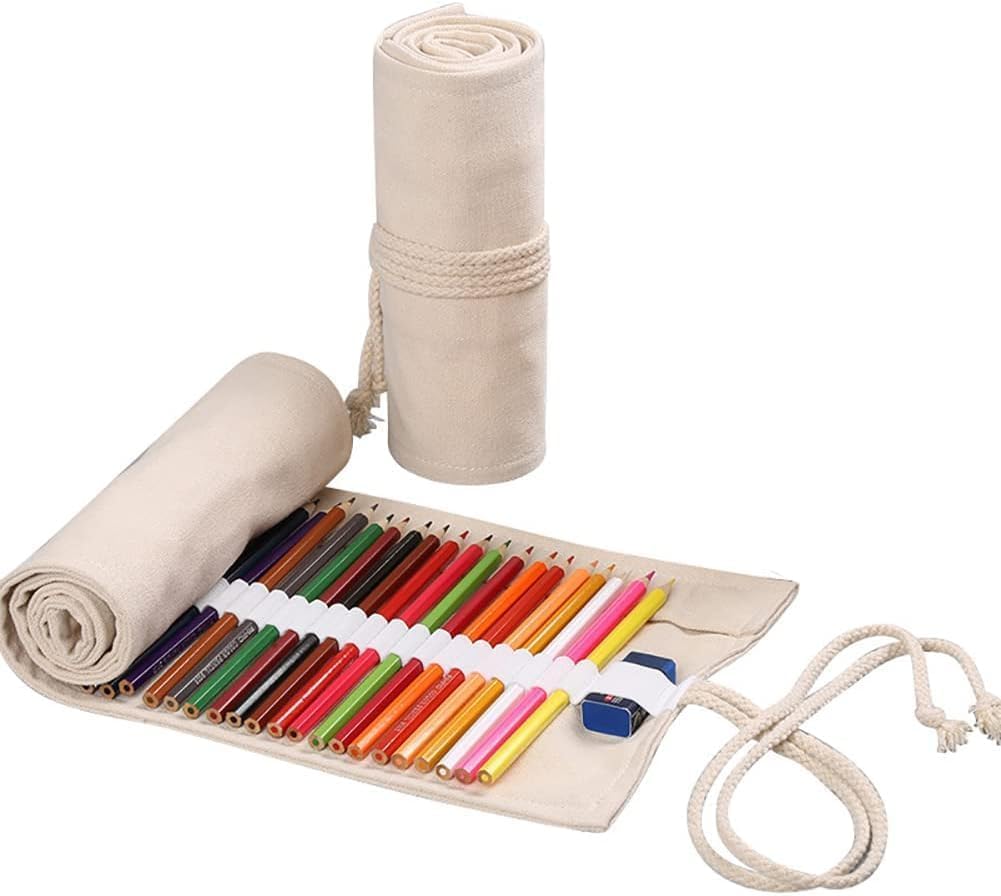 Large Capacity Pen Curtain Canvas Roll Up Pencil Case 36 Slots Pencil Bag Pencils Case Wrap Roll Holder for Coloring Pencil Natural Color Pen, Pencil and Marker Cases
