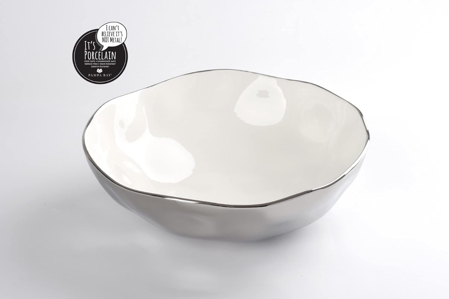 Pampa Bay Titanium-Plated Porcelain Wide Bowl, 12 Inch, Silver/White Tone, Oven, Freezer, Dishwasher Safe