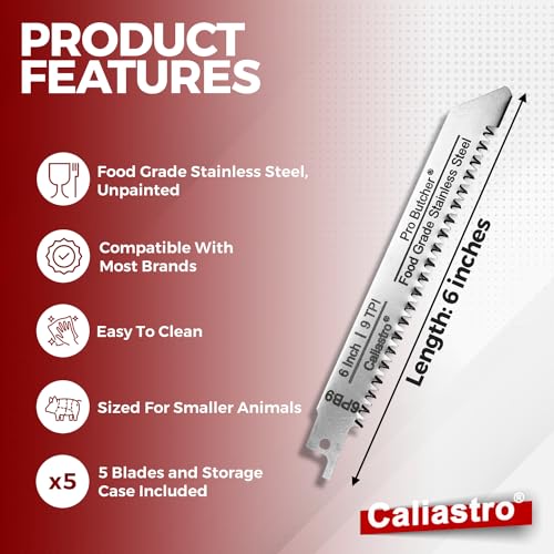 Caliastro 6-Inch Stainless Steel Frozen Meat Bone Cutting Saw Blades for Reciprocating and Sawzall Saws 5-Pack