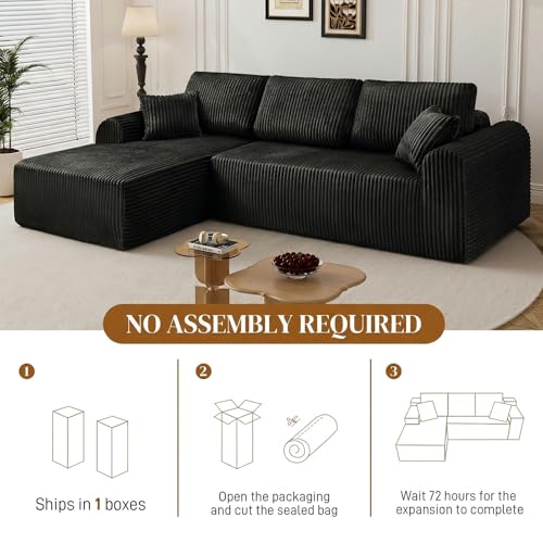 Image of 110 inch L Shaped Boneless Sectional Couches for Living Room, Comfy Corduroy Floor Cloud Sofa with Chaise, Wide Armrest, Deep Seat, Memory Foam, Assembly Free, Ideal for Small Spaces, Black