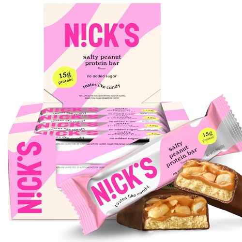 NICKS Protein Bars Salty Peanut Chocolate – 12-Count Box | 15g protein | 200 calories | Protein-Packed Snack, Low Calories, Low Carbs, Keto Friendly, No Added Sugar