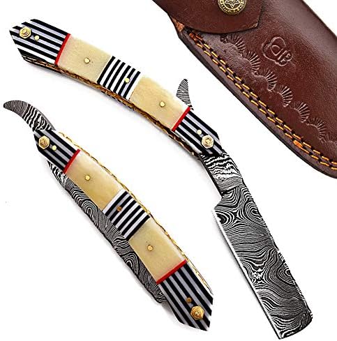 Hand Made Damascus Steel Straight Razor Folding Razor With Shaving Ready Classic Barber Blade Edge, Men Straight Razor, Leather Case + Strop, Close Shave, Great Gift R-15