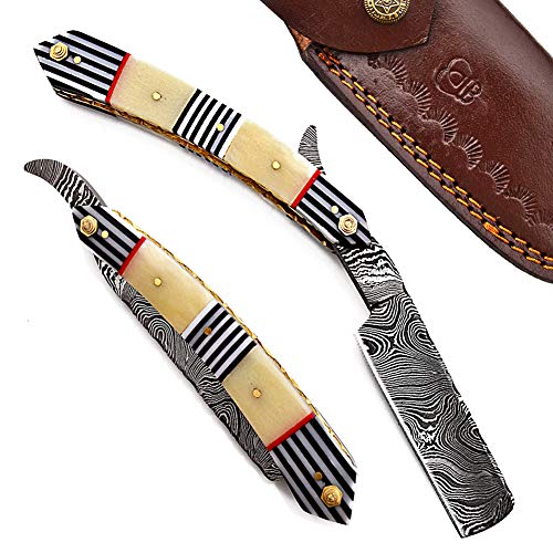 Hand Made Damascus Steel Straight Razor Folding Razor With Shaving Ready Classic Barber Blade Edge, Men Straight Razor, Leather Case + Strop, Close Shave, Great Gift R-15 #TOP3