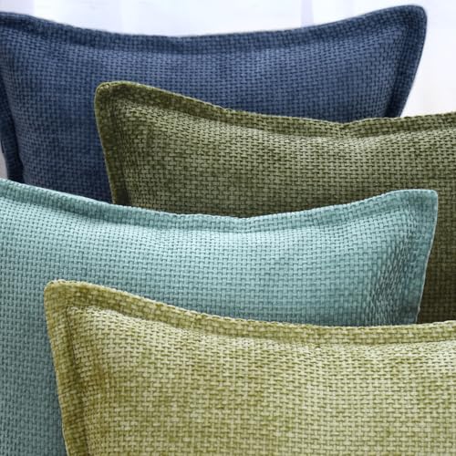 Image of MADIZZ Decorative Chenille Velvet Throw Pillow Covers Set of 2 Soft Boho Textured Neutral Couch Throw Pillow for Bed Modern Farmhouse Home Decor for Sofa Livingroom Moss Green 18x18 Inch