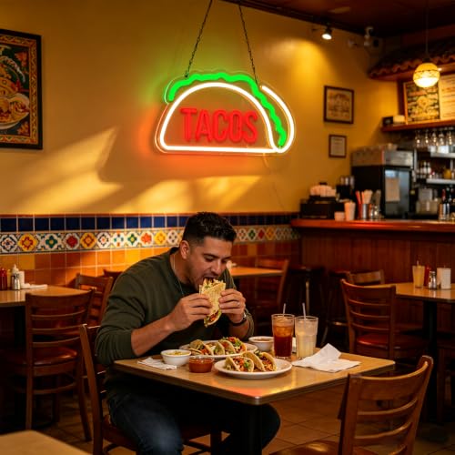 Image of Tacos Neon Signs for Wall Decor Neon Lights for Tortilla Shop Led Signs Suitable for Mexican Restaurant Bar Unique Gift for Lover 5V Usb Power 15.8 * 8.7 Inch(Red + Green + Warm White)