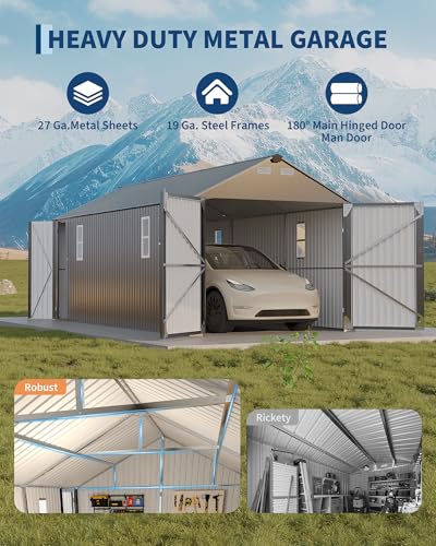 Image of GarveeLife 10x20 ft Metal Carport, Enclosed Car Port with Vertical Steel Roof for All-Weather Use, Metal Garage Shed with Man Door for Sedans & SUV, Gray