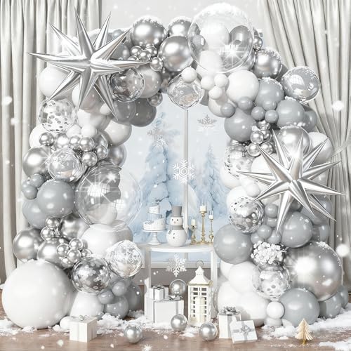 Kit d'arche de ballons blancs et argentés, 113 ballons blancs gri...