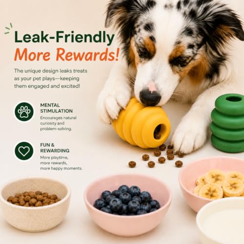 Image of Green Sheep Enrichment Dog Ball for Small Dogs, Natural Rubber Treat Dispensing Chew Toy for Mental Stimulation & Boredom Relief, Interactive Dog Toys, Yellow