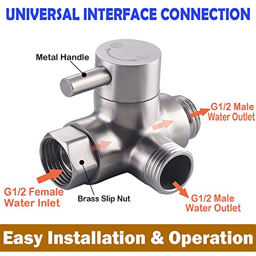 Stainless Steel Shower Arm Diverter 3 Way, G1/2 Universal Shower Head Diverter Valve for Hand Held Shower and Fixed Spray Head, Brushed Nickel