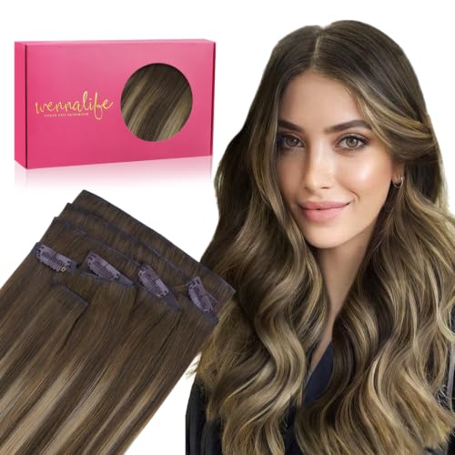 Image of WENNALIFE Invisible Edge Seamless Clip in Hair Extensions Real Human Hair | 22'' 111g 7pcs Balayage Chocolate Brown to Caramel Blonde. Thin PU Weft, Easy, Comfortable Clip in Remy Hair Extensions