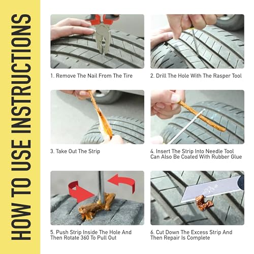 Foto de Airmoto Kit de tapones para neumáticos – Kit de reparación universal de neumáticos con tapones para neumáticos sin cámara – Kit de parches de neumáticos para fijar pinchazos y tapar planos en (imagen 5)