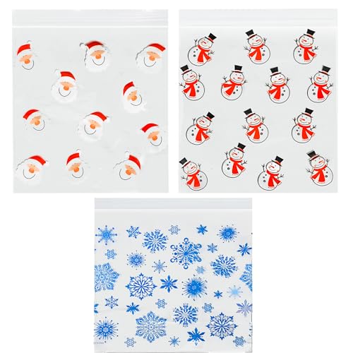Set of 90 Assorted Christmas Holiday Treat Bags with Zip Lock! 3 Assorted Styles!90 Count (Pack of 1)