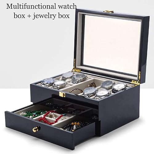 Miniatura 6 de AXOIN HZH Caja de almacenamiento de reloj de madera, caja de joyería de doble capa, gabinete de almacenamiento de reloj con cubierta de cristal,
