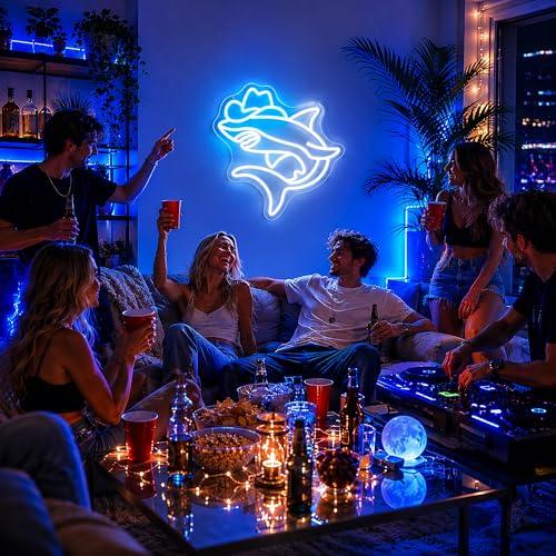 Image of Neon Sign, Shark Neon Signs for Wall Decor LED Signs Neon Light | Cowboy Shark Neon Sign for Bedroom, Kids Room, Gaming Room, Man Cave, Party, Bar Decor, Boys Gift, Dimmable, USB Powered