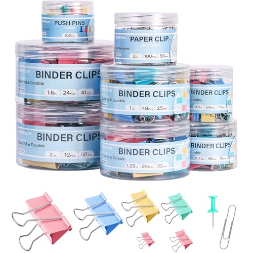 WORPSON 408 PCS Binder Clips Paper Clamps Assorted Sizes and Push Pins, Binding Paperwork Clamp Bulk, School Teachers Office Supplies (Multicolor)