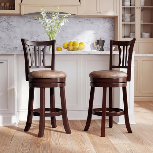 Butacos Giratorios de Bar Giantex, Juego de 2, Altura de Contador 26", Asiento Tapizado en Cuero Sintético, Estructura de Madera de Caucho y Reposapiés Envuelto, para Isla de Cocina o Pub miniatura 2