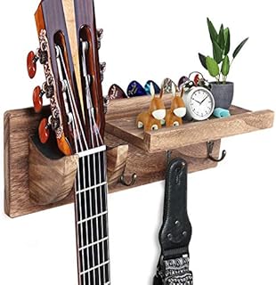 FANFX Guitar Wall Mount Bracket Guitar Wall Hanger Wood Guitar Hanging Rack with Pick Holder Storage Shelf and 3 Metal Hook for Guitar Accessories Electric Acoustic Bass Guitars (brown)
