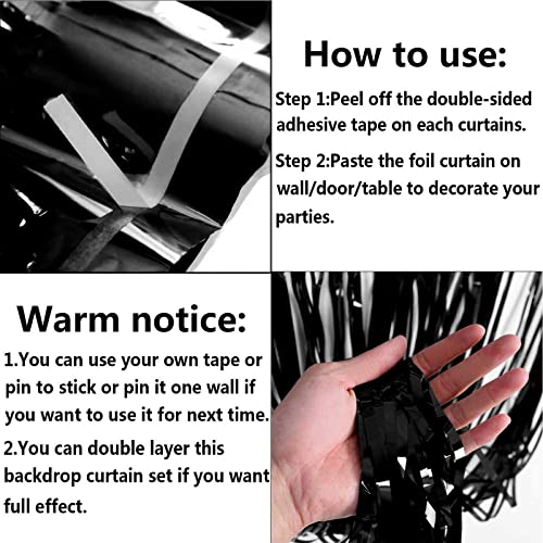 Image of 4 Pack Black Foil Fringe Curtain Backdrop, 3.28Ft x 8.2Ft Metallic Tinsel Streamer Curtains for Party, Photo Booth Props, Birthday, 2022 Graduation Decoration Party Supplies