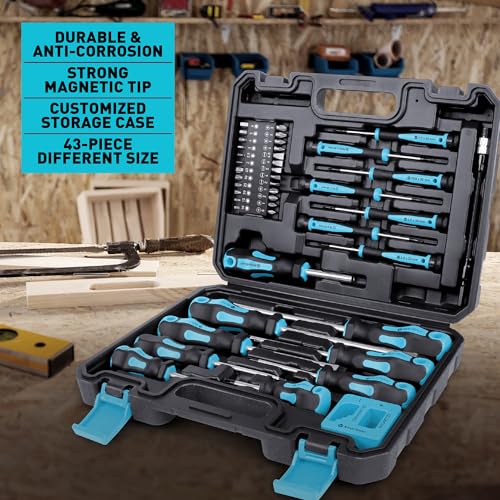 Magnetic Screwdrivers Set with Case, Amartisan 43-Piece Includs Slotted, Phillips, Hex, Pozidriv,Torx and Precision Screwdriver Set, Magnetizer Demagnetizer Tools, Tools for Men (Blue)