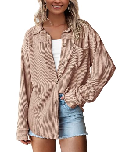 PRETTYGARDEN Womens Button Down Shirts 2026 Spring Long Sleeve Textured Tops Oversized Shacket Jacket Knit Blouses(Khaki XX-Large)