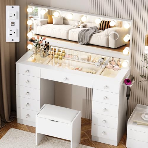 VOWNER Vanity with Lighted Mirror - Glass Top Makeup Vanity Desk with Lights and 11 Drawers, 3 Color Lighting Modes Adjustable Brightness, 46