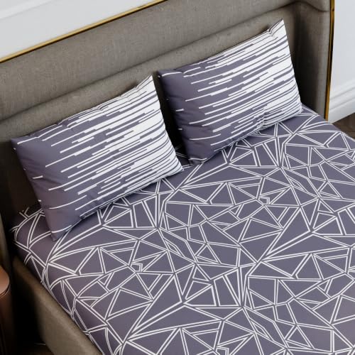 Image of Stoa Paris 100% Cotton King Size Fitted Bedsheet with 2 Pillow Covers, 180TC Printed Bedding Set, All-Season Comfort, Soft & Lightweight, Home Decor, Urbanscape - Lavender Matrix (182cmx198cm+30cm)