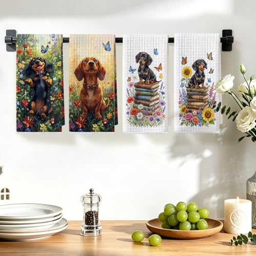 Image of 4 Pcs Cute Dachshund Floral Kitchen Towels 24x14 Inch, Floral Dachshund Gifts Reusable Dish Towels for Kitchen Bathroom Decor, Waffle Weave Absorbent Tea Towel, Weiner Dog Gifts for Women Mom Friend