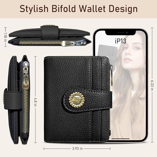 Image of Kelvoris Small Rfid Women Wallet Bifold Zipper Coin Pocket Black | PU Leather Compact Cash Credit Card Holder Travel Purse for Female Ladies Teen Girls 1 ID Window 10 Card Slots