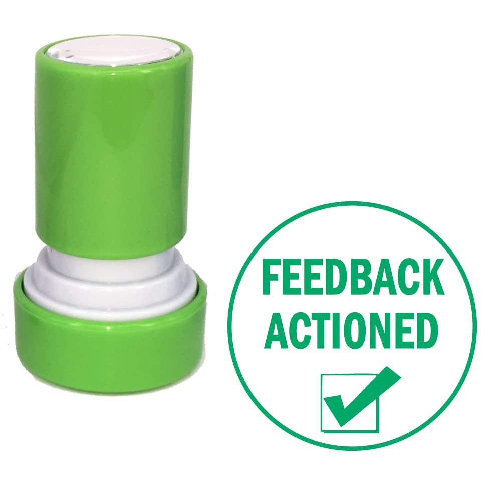 Feedback Actioned Teacher Stamp. Self-Inking, 22mm, Reinkable, Quality Stamper for Marking and Praise. Green Ink