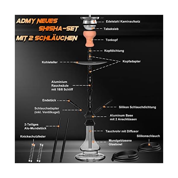 ADMY Shisha Set, 62cm Hookah Aluminium 2 Anschlüsse 2 Schläuche | Wasserpfeife Set Komplett mit Zubehör Edelstahl… – Bild 4