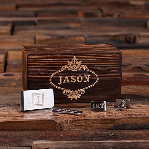 Teals Prairie & Co. Personalized Gentleman Gift Set Cuff Links Money Clip Tie Clip with Wood Box