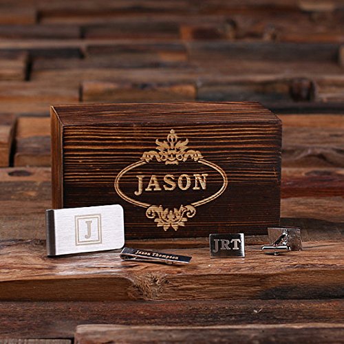 Teals Prairie & Co. Personalized Gentleman Gift Set Cuff Links Money Clip Tie Clip with Wood Box2