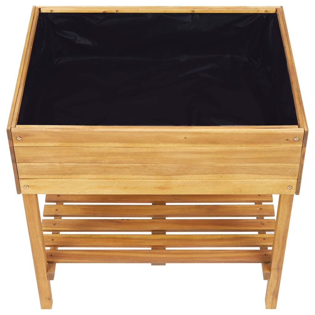 Wysoka donica z litego drewna akacjowego, 78,5 x 58,5 x 78,5 cm, z folią PCW i półką, do ogrodu, na taras, balkon, donica na kwiaty, zioła, warzywa, do użytku wewnątrz i na zewnątrz