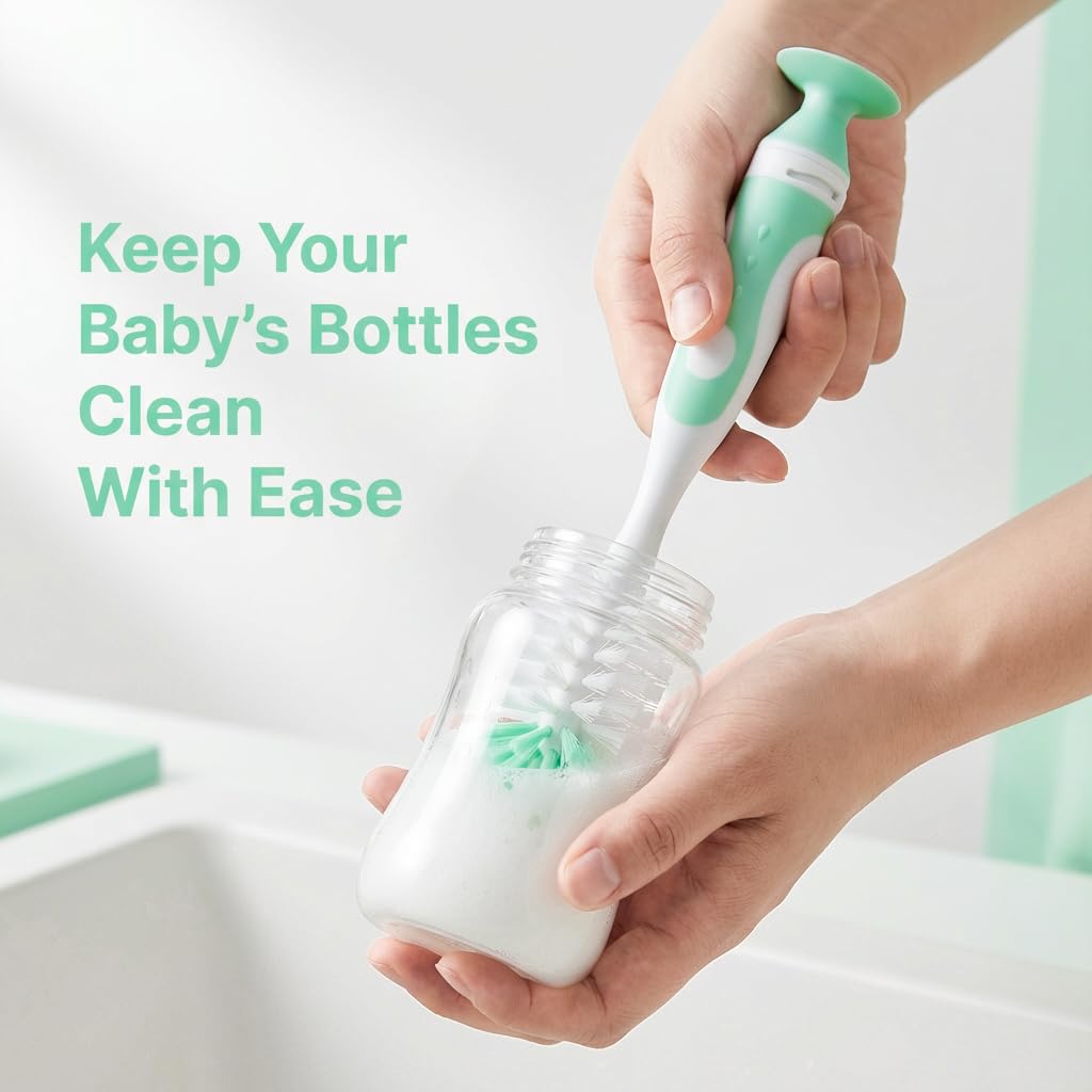 5-in-1 Baby Bottle Brush Set, Bottle Brush for Baby, Bottle Cleaner Brush Set, Including Nylon and Silicone Bottle Brush, Bottle Cap Brush, Straw Brush, Nipple Brush, BPA-Free (Green)