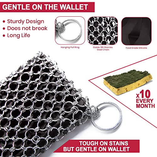 Image of Zylark 316L Cast Iron Scrubber + Scraper Tool - Pan Cleaner Scrubber with Silicone Insert - Cast Iron Cleaning Kit - Chainmail Scrubber for Cookware