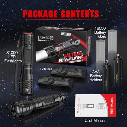 GEARLITE LED Taschenlampe Extrem Hell 2 Stück, Aluminium 4000 Lumen LED Taschenlampe Batteriebetrieben, IP65 Wasserdichte Handlampe Zoombar für Camping, Wandern, Outdoor, Notfall (3 Modi + Holster)