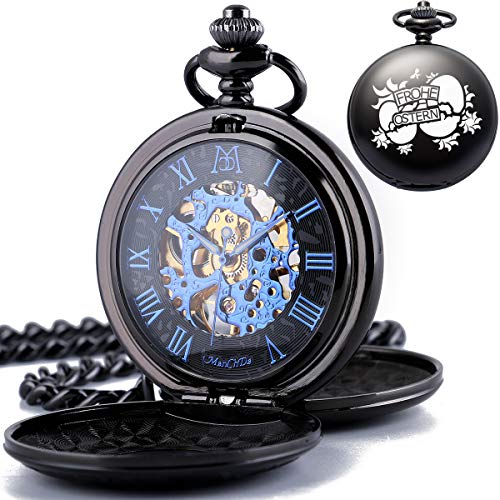 ManChDa Gravierte Taschenuhren Für Familienfreunde Mechanische Uhr Fob Doppelketten Frohe Ostern Geschenk Für Ihren Liebhaber + Geschenkbox