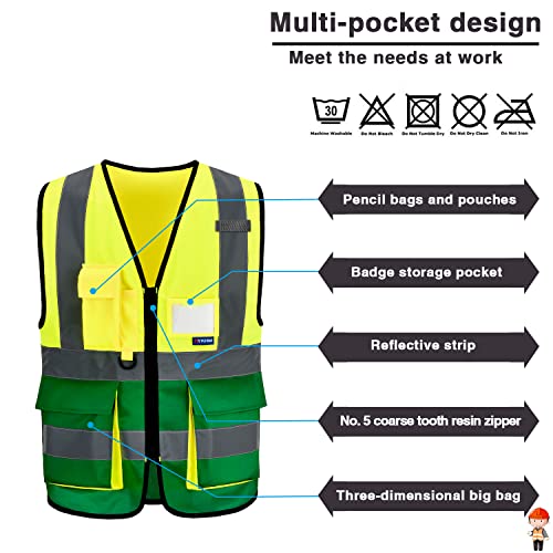 Image of Reflective Construction Vest, Radio Loop, Zipper, Yellow /Green, S | Yellow /Green S fabric work vest with transparent ID pocket, radio mic loop and reflective strips for property maintenance.