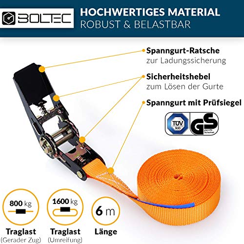 Foto von BOLTEC Spanngurte mit Ratsche (Set: 6 Stück mit Handschuhen) - robuste Zurrgurte (nach EN 12195-2 mit GS & TÜV) - 6m Länge & bis zu 1600kg Traglast