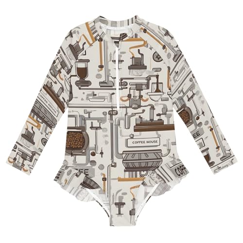 ALAZA Swimsuit for Girls Long Sleeve Rashguard Bathing Suit Coffee Factory Quick Dry 4T