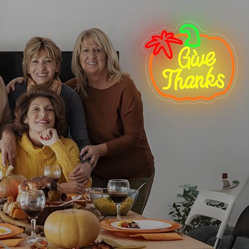 Image of Thanksgiving Neon Sign Pumpkin Neon Signs Dimmable Fall Neon Sign for Wall USB Power Give Thanks Sign for Home Bar Salon Window Porch Front Door Thanksgiving Decorations