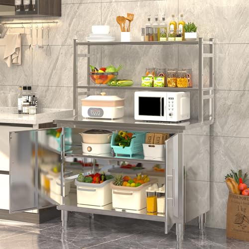 Image of 40''x20'' Stainless Steel Commercial Worktable, Kitchen Prep Table Steel Countertop with Adjustable Tier & Cabinet Shelf Work Table Workbench for Home Restaurant