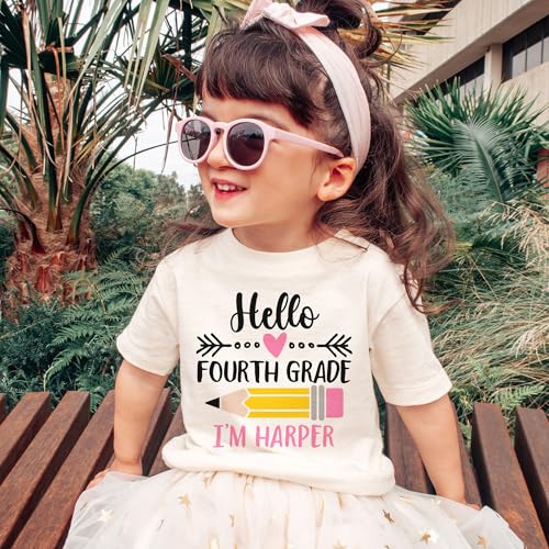 Hello Fourth 4th Grade Personalized Shirts For Girls - Custom Name Back To School Pencil Outfit - Cute Gift For First Day Of School Announcement - Natural Toddler & Youth T-Shirt2