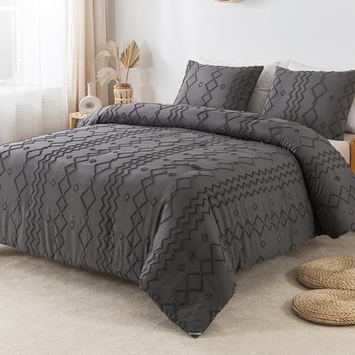 Image of Andency Dark Gray Tufted Comforter Set Full(79x90Inch), 3 Pieces(1 Tufts Comforter, 2 Pillowcases) Boho Textured Farmhouse Bed, Down Alternative Geometric Bedding Set